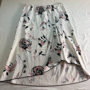 Floral Midi Skirt White Pink Rose Print Asymmetrical Hem Flowy Feminine
